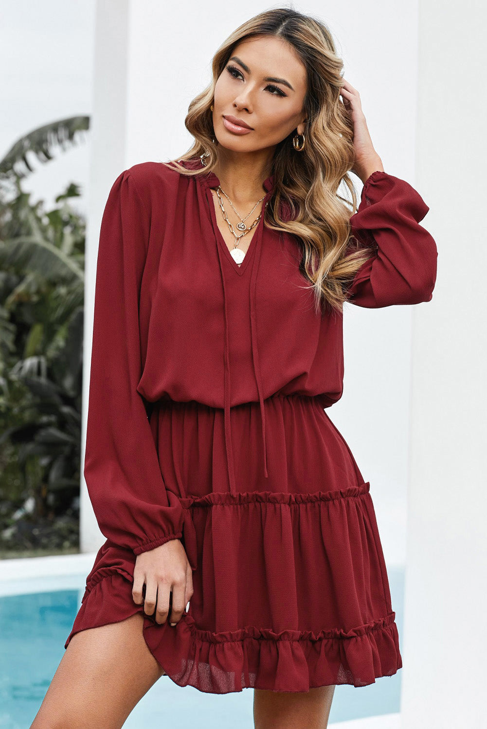 V Neck Long Sleeve Ruffle Tiered Mini Dress