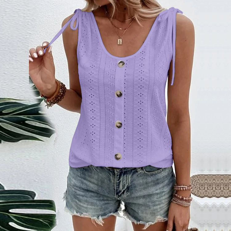 Casual Solid Color U-neck Vest Women Shoulder With Bow Tie Tops Summer T-shirt