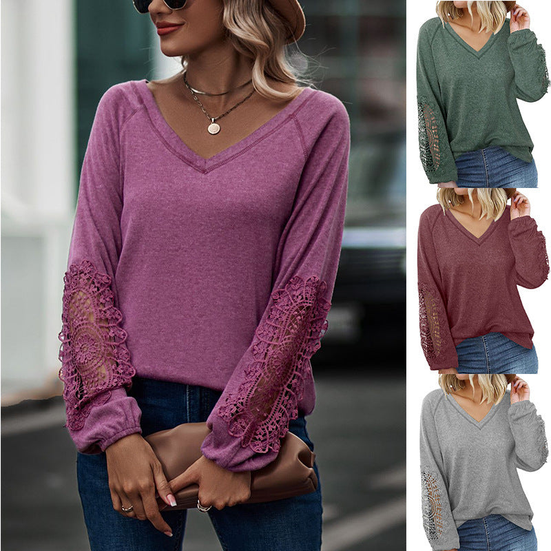 Loose Casual V-neck Lace Lace Long-sleeved