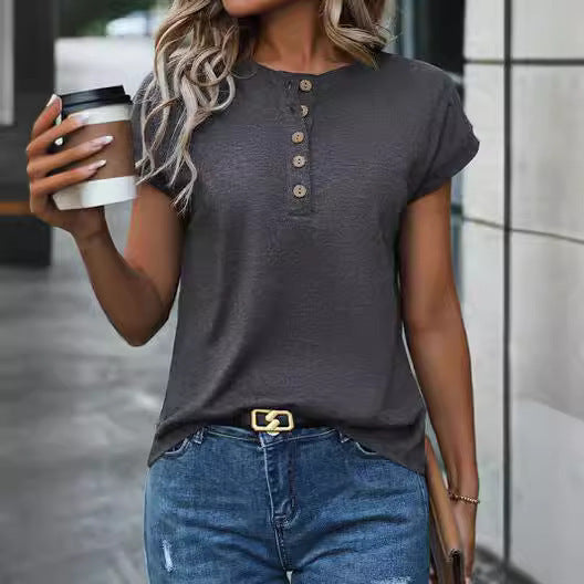 Buttons Short Sleeve Casual Ladies T-shirt