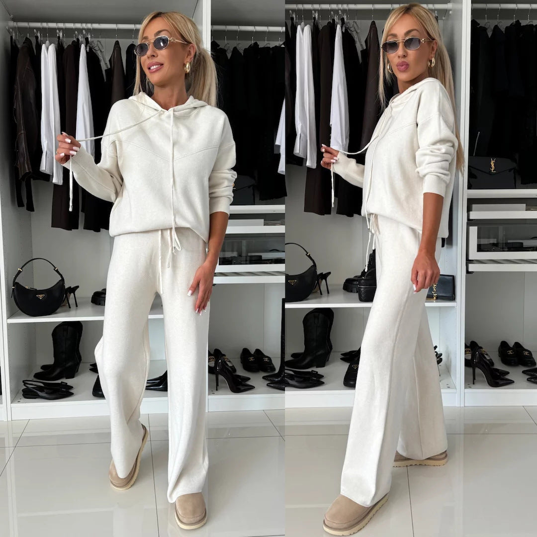 Women's Solid Color Hooded Long Sleeved Sweatshirt Wide Leg Pants Set