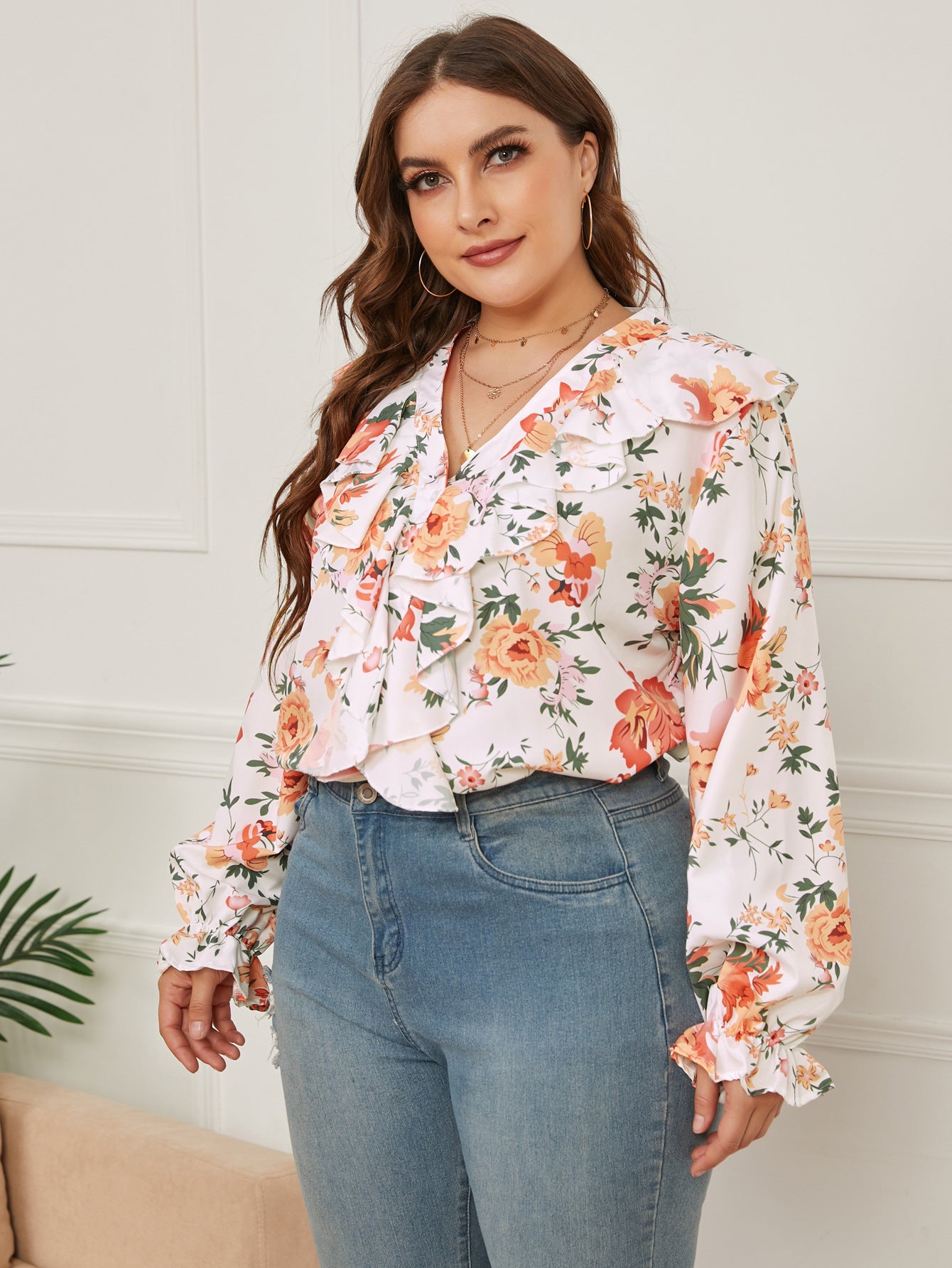 European And American Plus Size Women's Printed Ruffled Loose V-neck Shirt