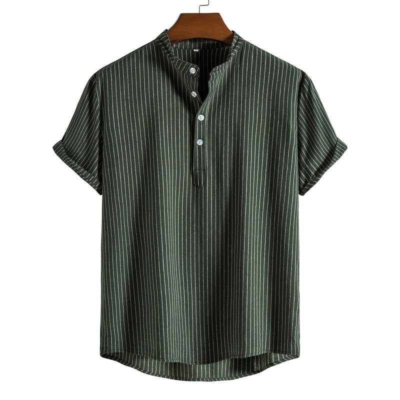 Men's Stand Collar Striped Short Sleeve Shirt