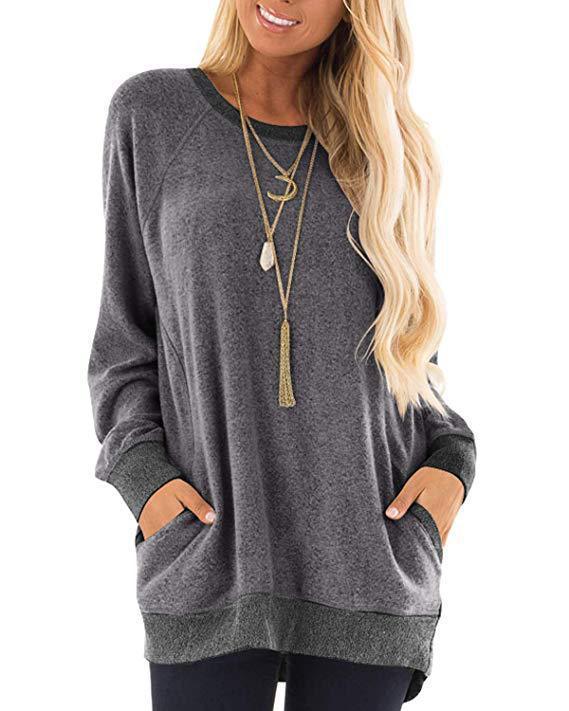 Contrast Pocket Sweater Long Sleeve Round Neck Pullover Sweatshirt Casual