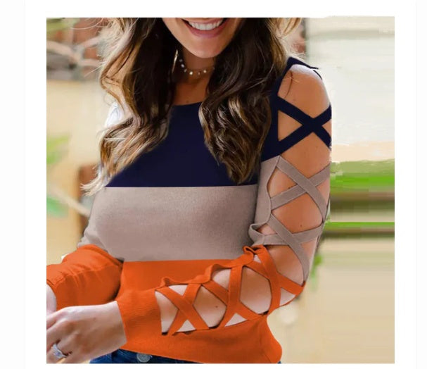 Colour Block Long Sleeve Top Cross Side Strap Design