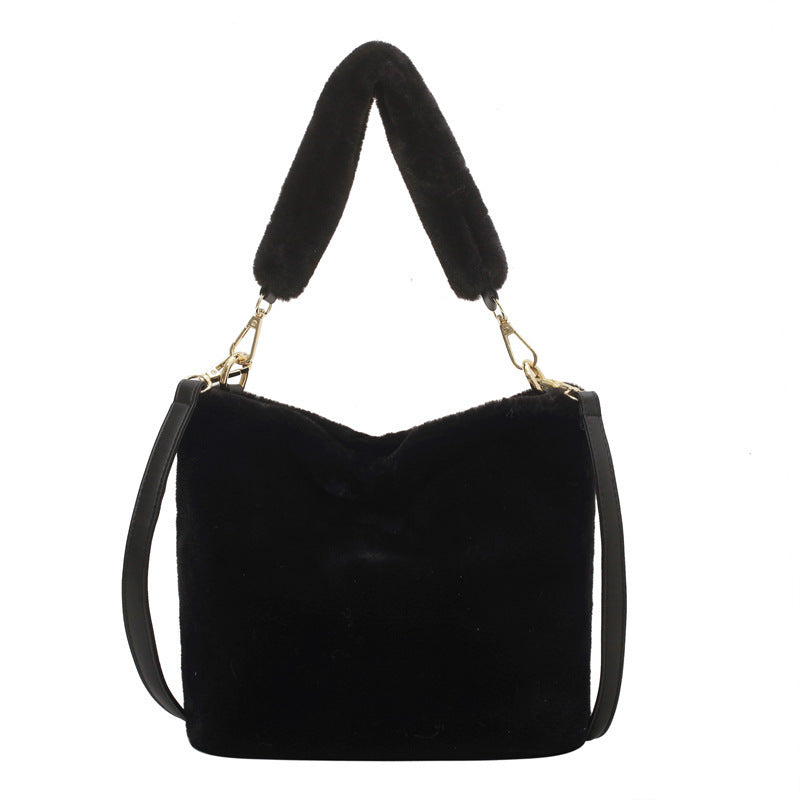 Fashion Solid Color Plush Portable Bucket Bag