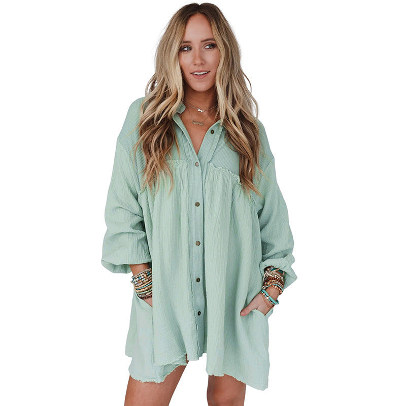 Thin Patchwork Pleated Long Sleeve Shirt Dress