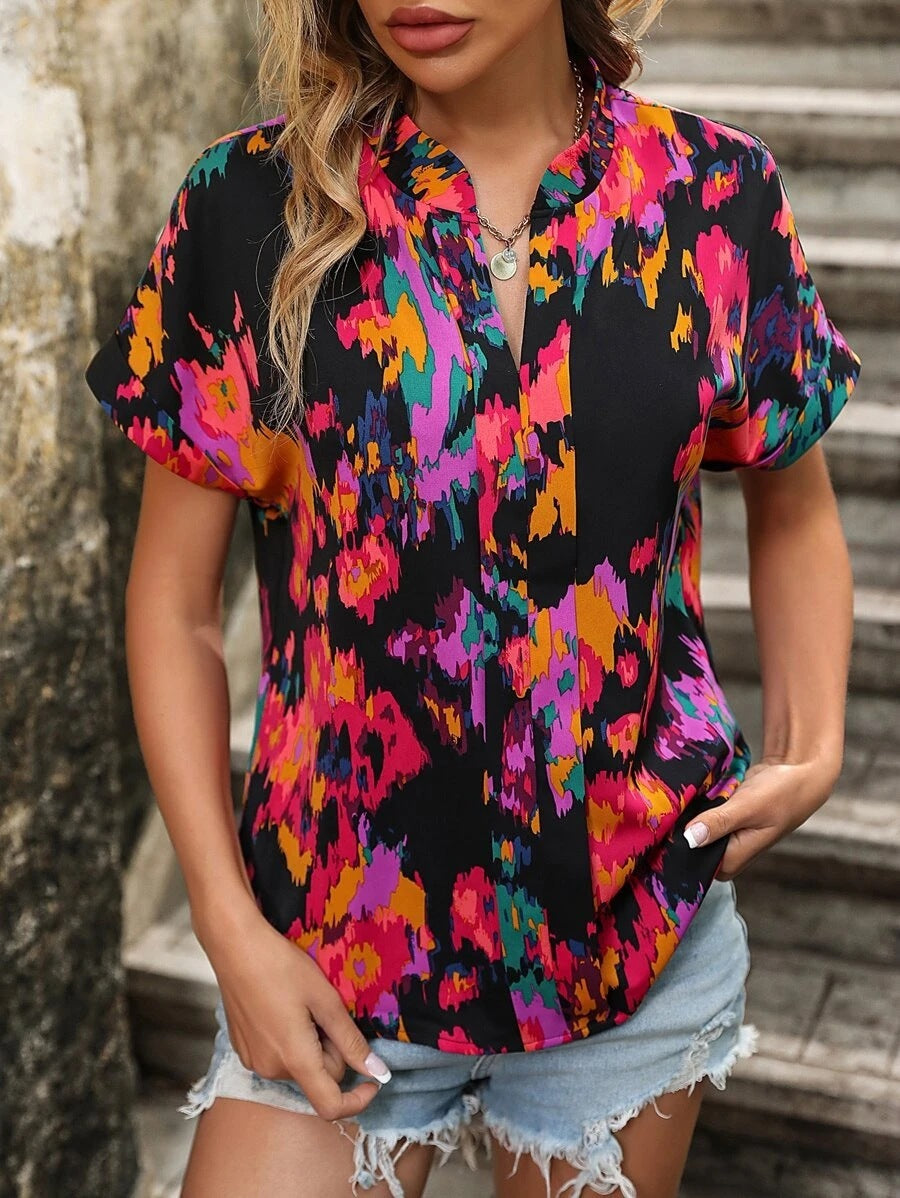 V-neck Painted Color Printing Short Sleeve