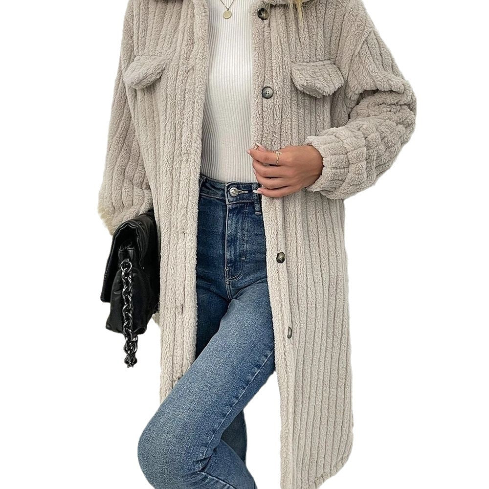Women's Plush Lapel Long-sleeved Woolen Coat Top