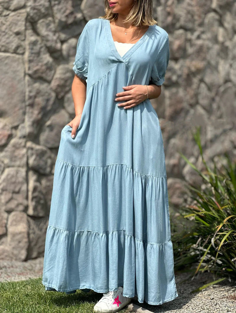 European And American Plus Size Women's Clothes Faux Denim Solid Color And V-neck Long Dress