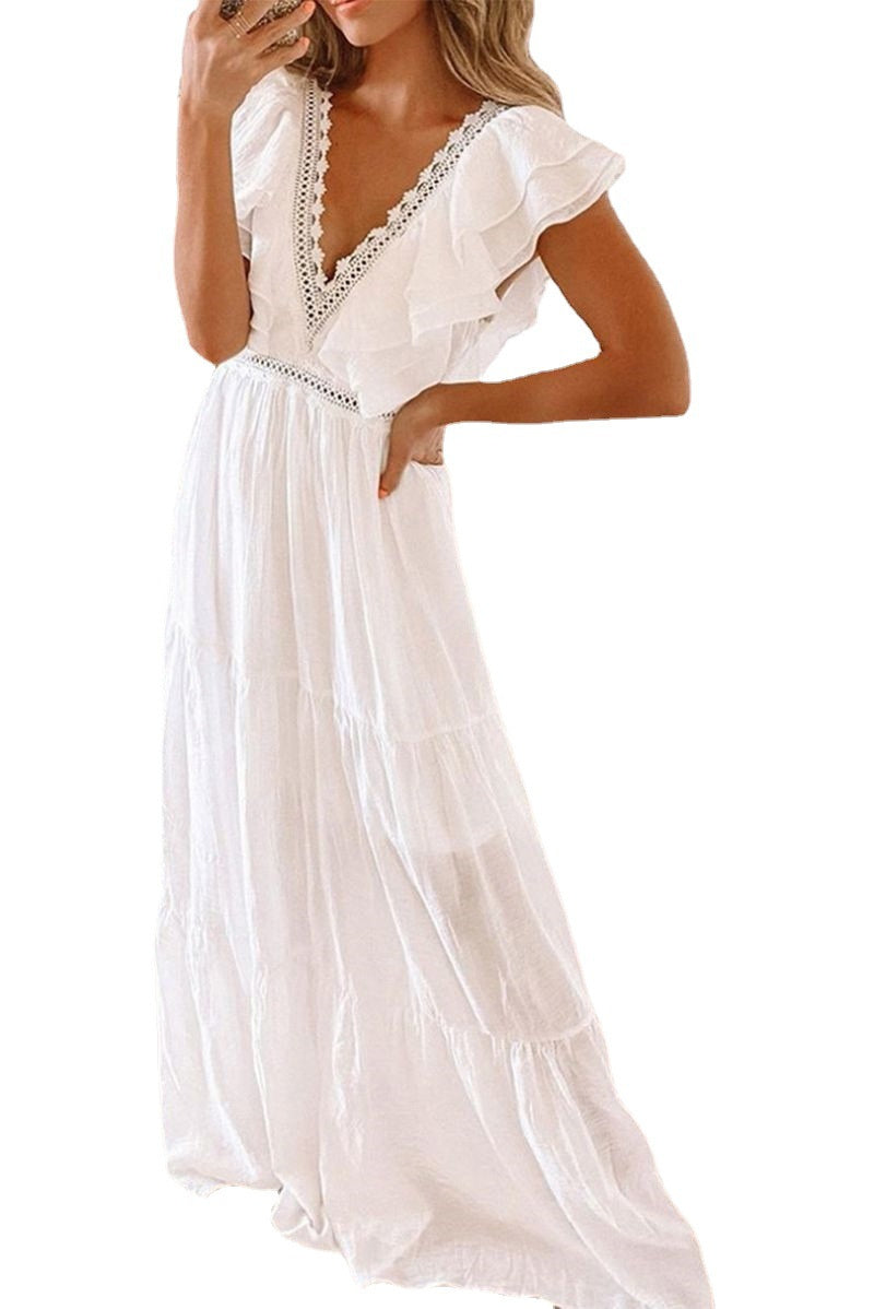 Short Sleeve Dress Women's White Lace V-neck