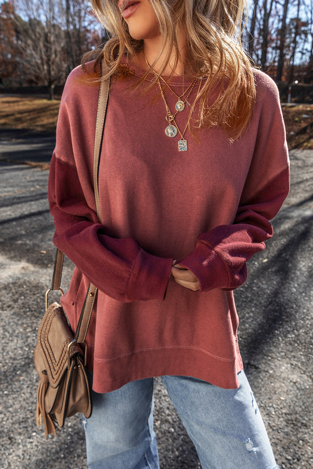 Mineral Red Two Tone Patchwork Drop Shoulder Pullover Sweatshirt