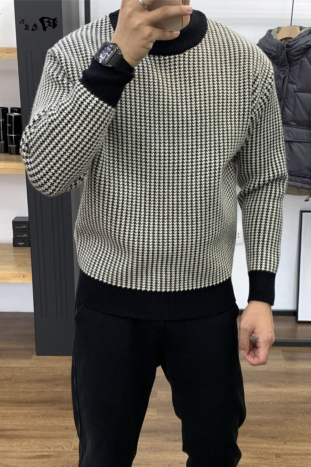 Round Neck Base Slim Fit Pullover Thick Plaid Sweater