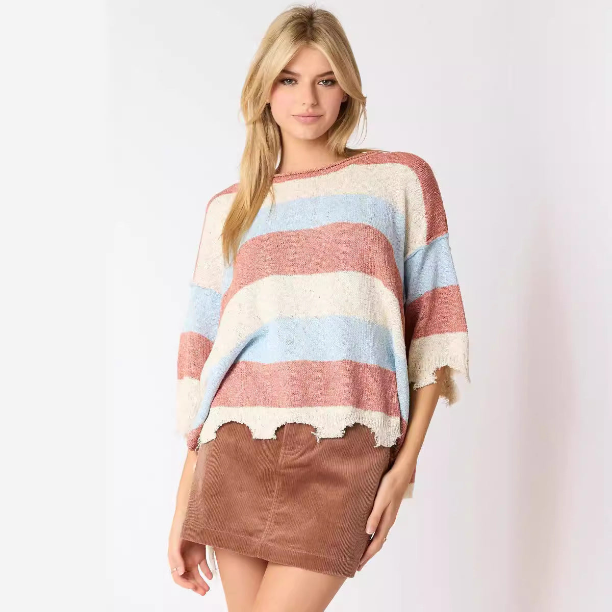 Women's Multi-color Stripe Contrast Color Short-sleeved Shirt Knitted Sweater