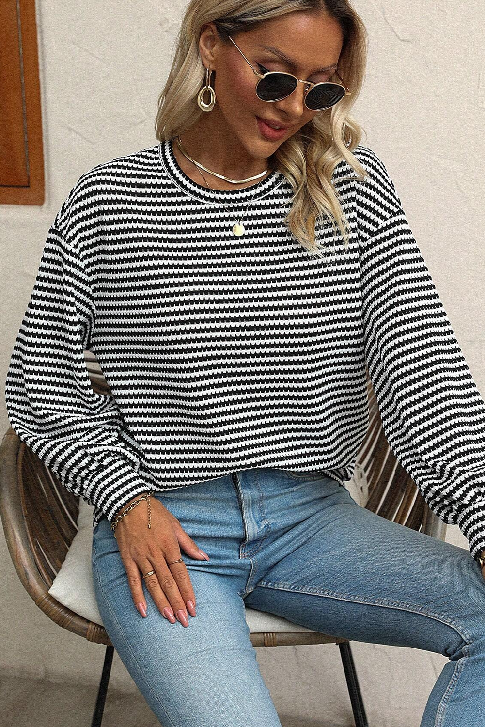 Black Stripe Round Neck Drop Shoulder Long Sleeve Top