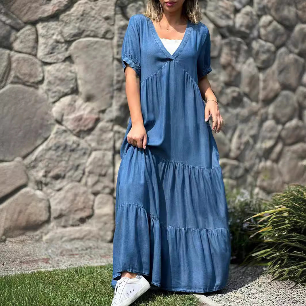 European And American Plus Size Women's Clothes Faux Denim Solid Color And V-neck Long Dress