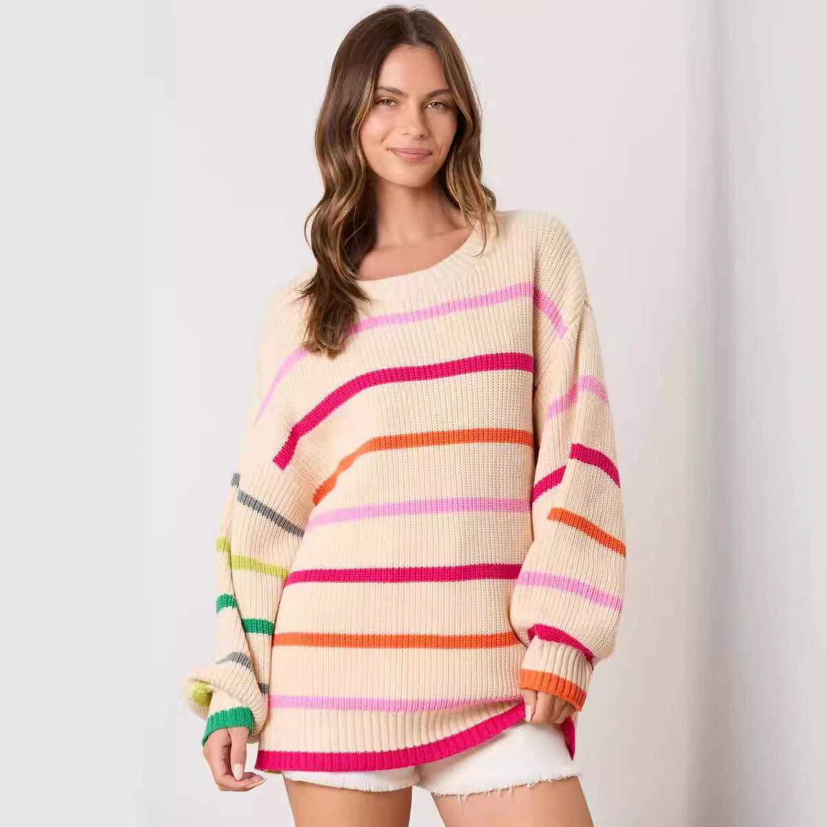 Contrast Color Striped Round Neck Top Long Sleeve Knitted Sweater