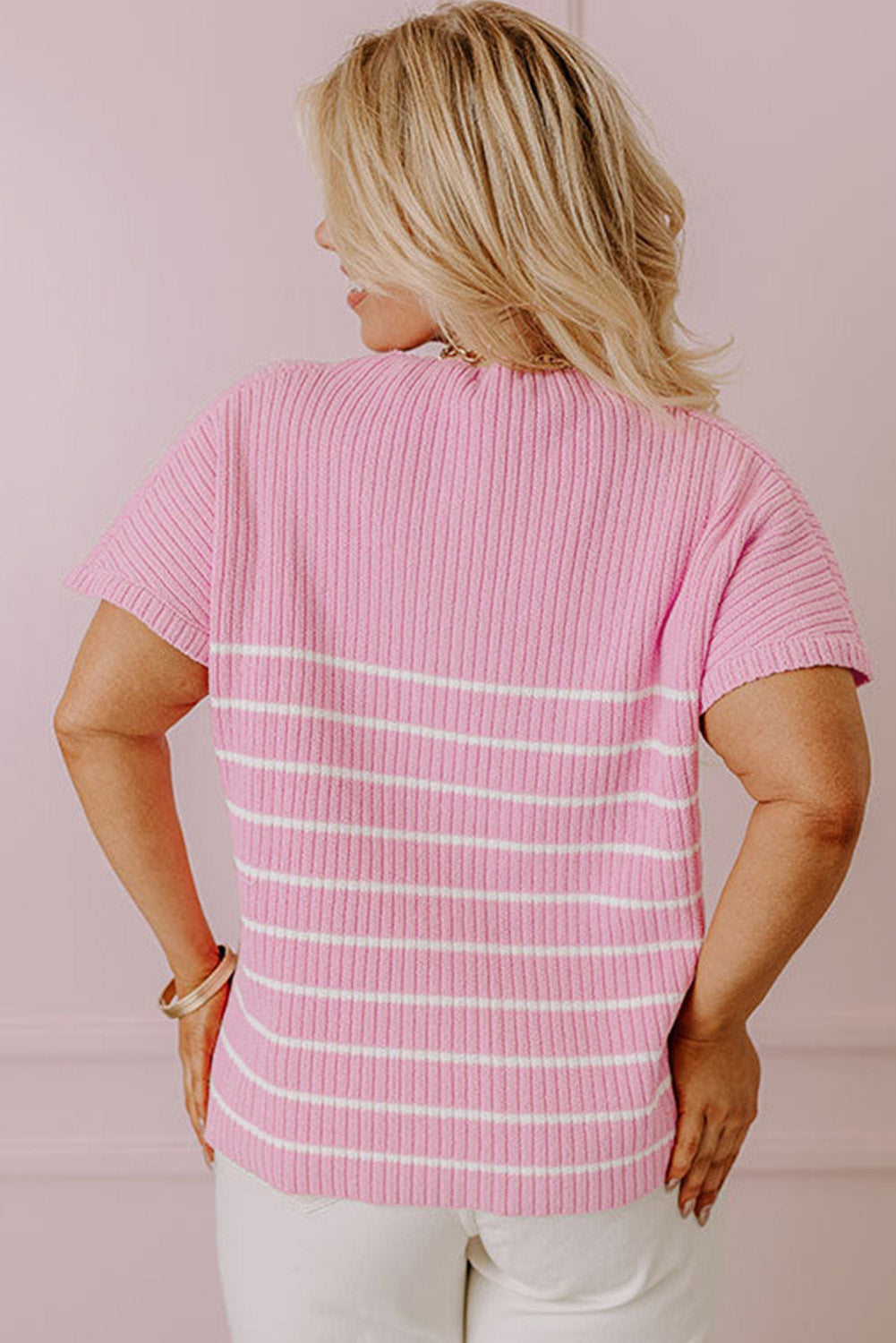 Pink Stripe Ribbed Loose Plus T Shirt