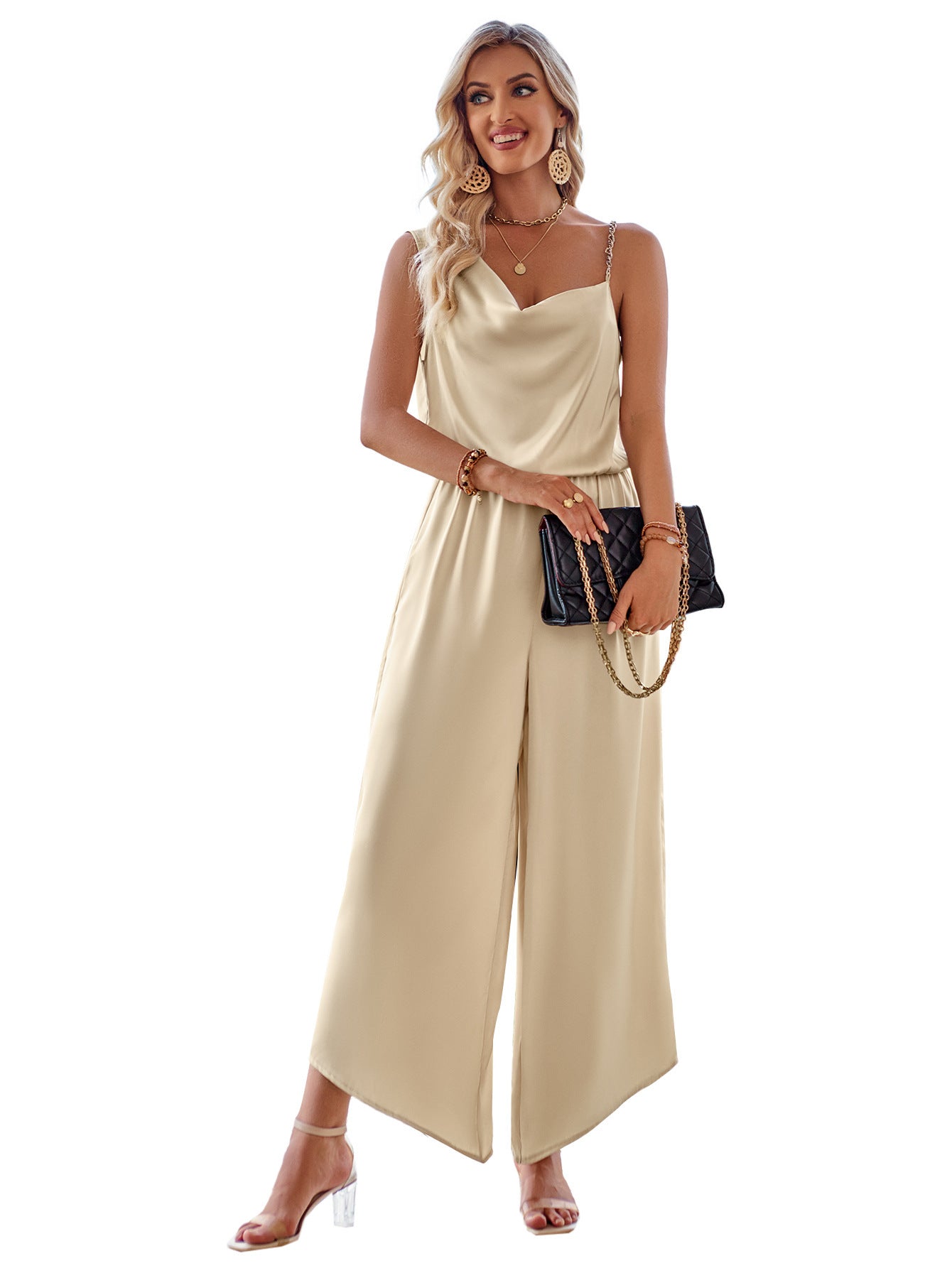 Fashion Casual Solid Color Suspender Waist Wide Leg Jumpsuit