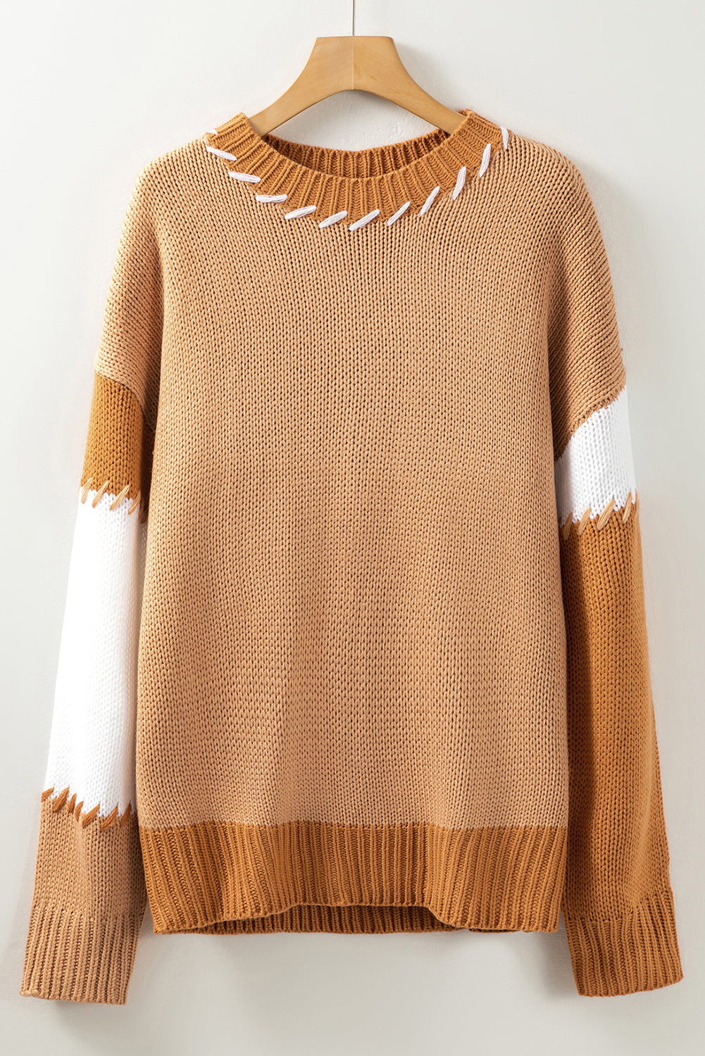 Light French Beige Color Block Contrast Stitch Oversized Sweater