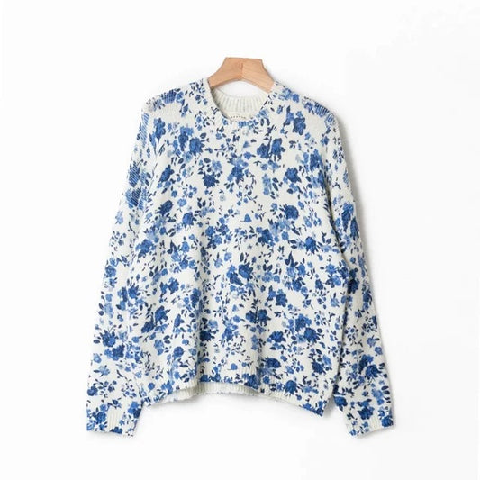 Blue Floral Print Mohair And Wool-blend Sweater