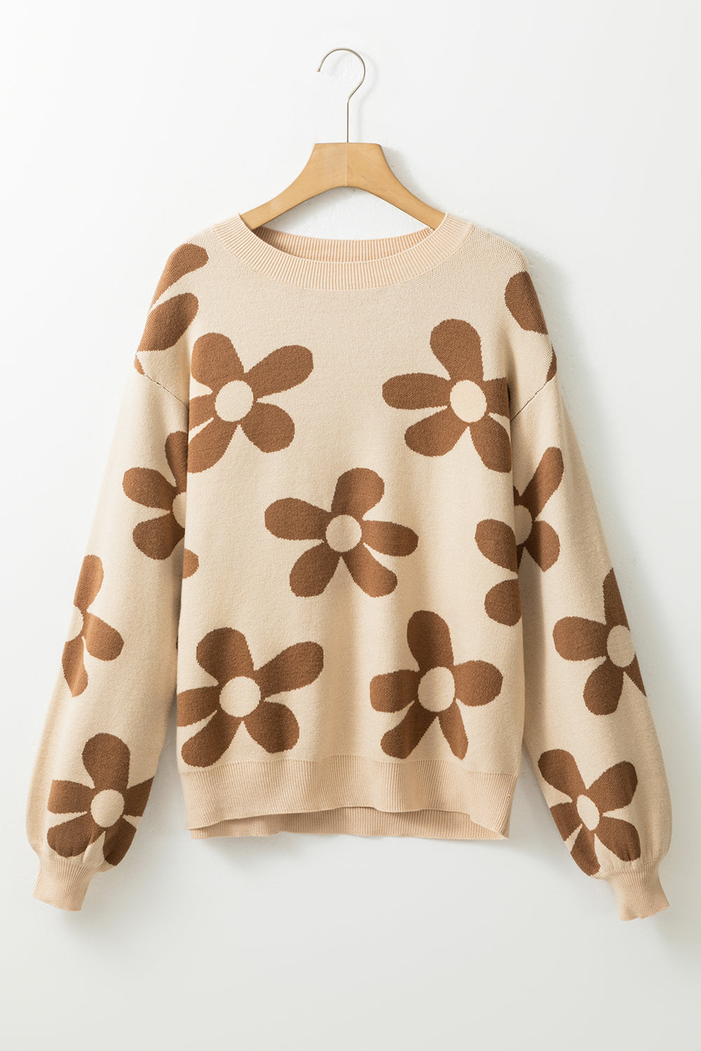 Parchment Big Flower Knit Ribbed Trim Sweater