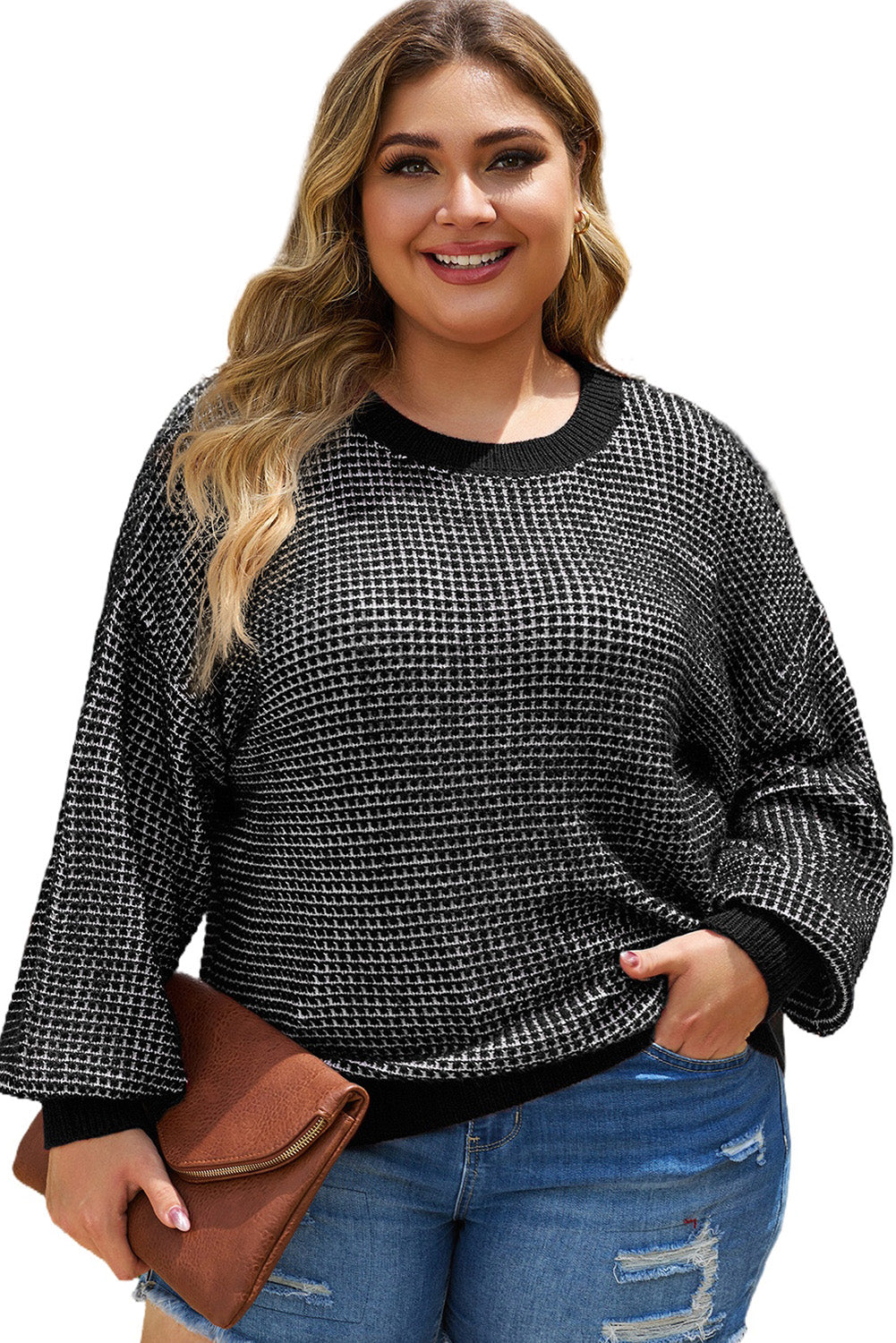 Black Heathered Knit Plus Size Drop Shoulder Sweater