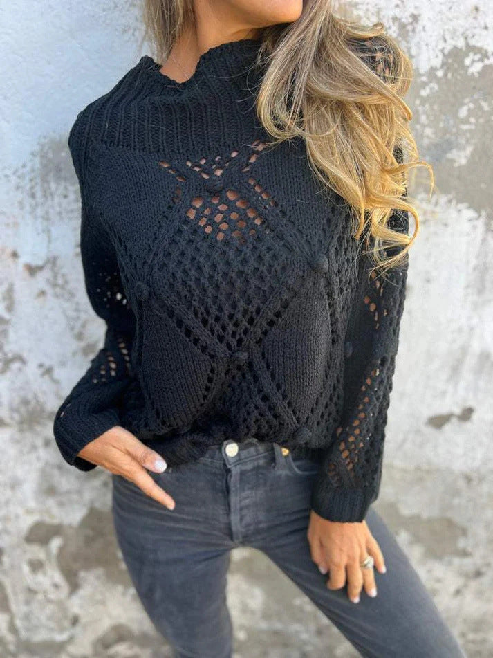 European And American Leisure Loose Hollow Out Sweater Round Neck Knitted Top