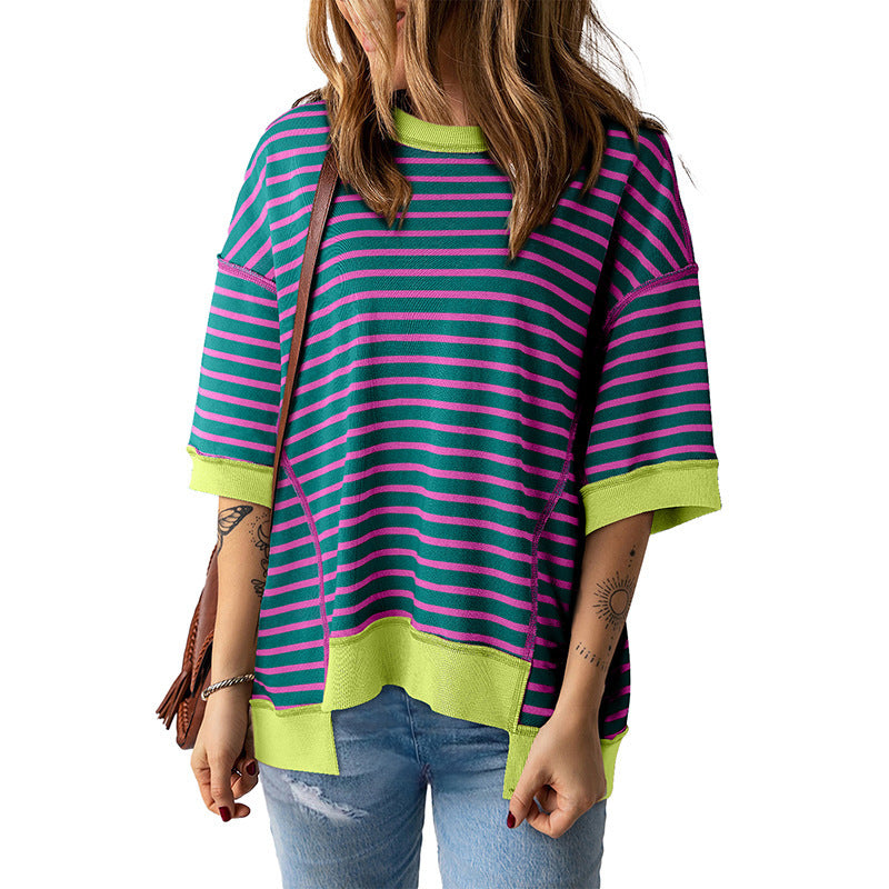 Women's Striped Color Matching Short-sleeved T-shirt