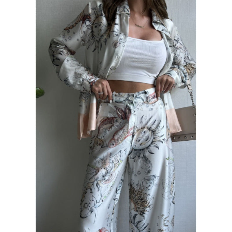 Printed Long-sleeved Top Wide Leg Pants Two-piece Set