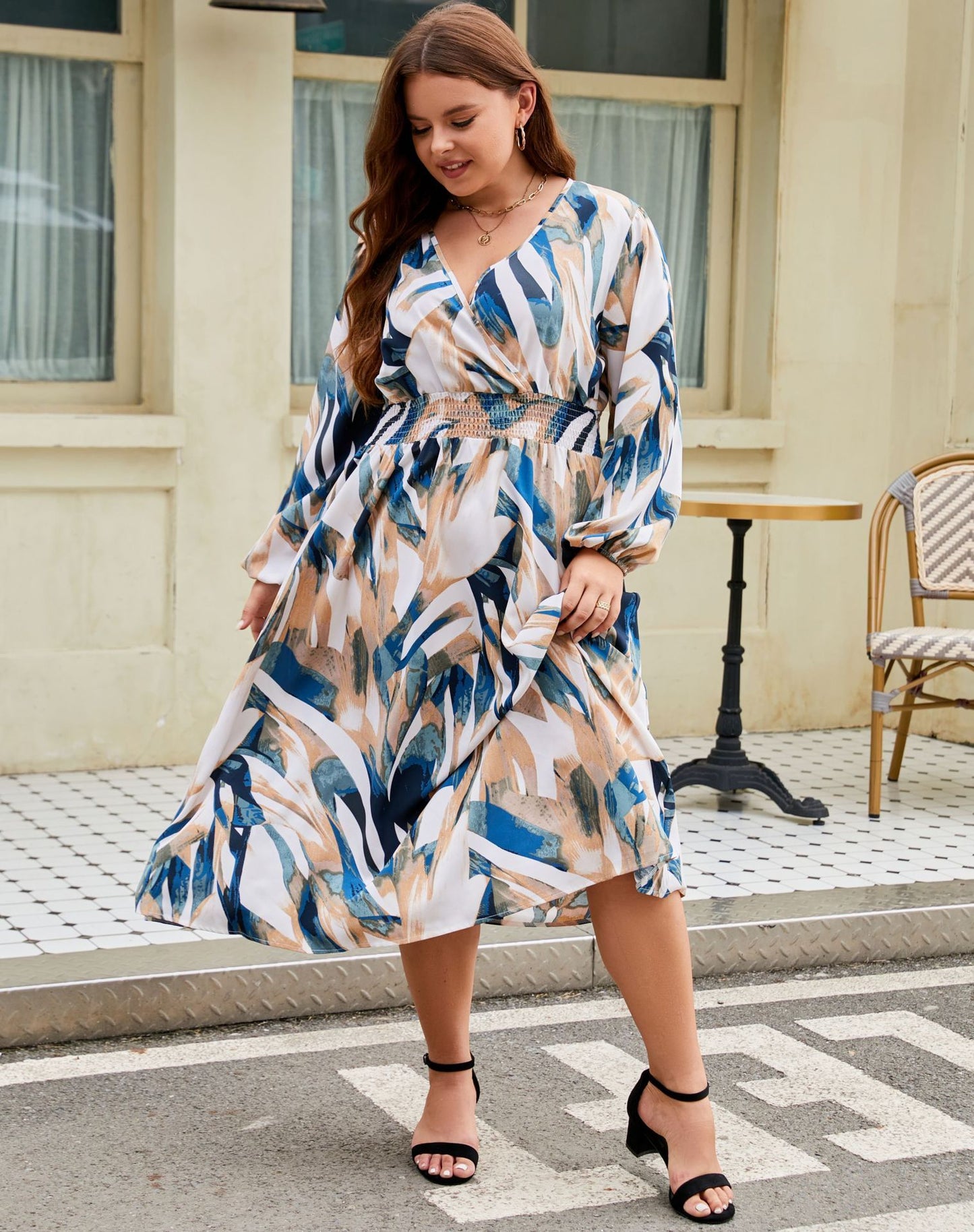 Plus Size Long Sleeve V-neck Dress