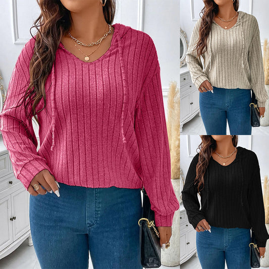 Women's V-neck Hooded Long-sleeved Sunken Stripe Brushed Top