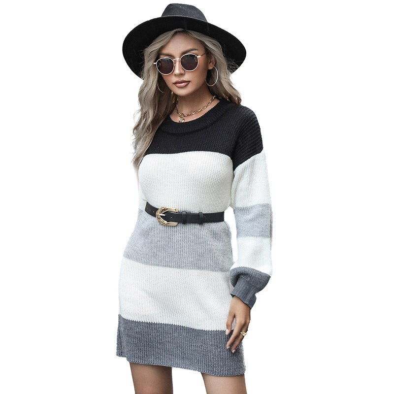 Casual Women's Clothing Loose Long Sleeve Color Matching Long Woolen Skirt