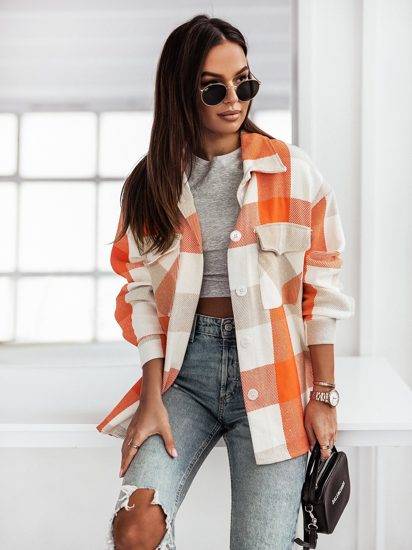 Women's Fashionable Color Plaid Sweater Jacket
