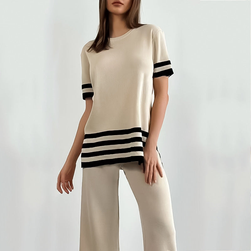 Striped Slit Short-sleeved Sweater Wide-leg Pants Two-piece Set