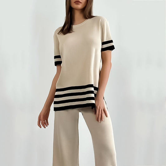 Striped Slit Short-sleeved Sweater Wide-leg Pants Two-piece Set