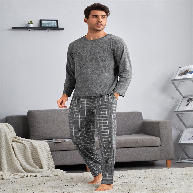 Mens Thin Section Plaid Loungewear Pajama Set