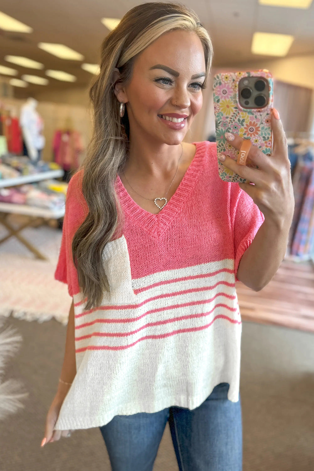 Strawberry Pink Contrast Stripes V Neck Knitted Short Sleeve Top