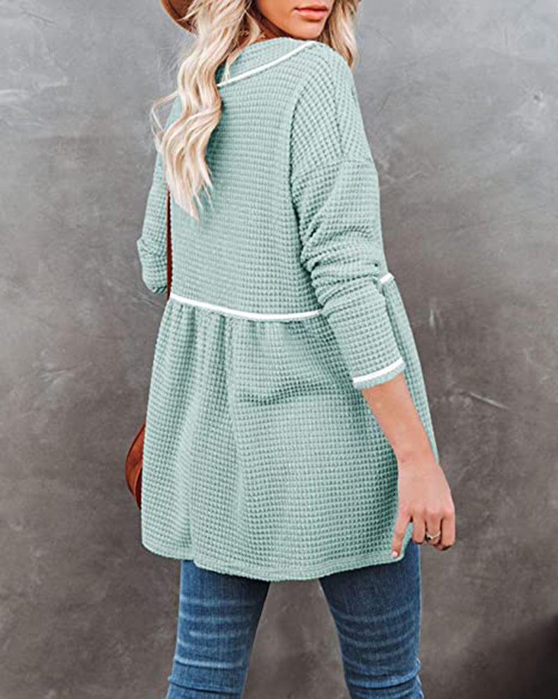 V-neck Long-sleeved Tunic Sweater With Pleated T-shirt Skirt