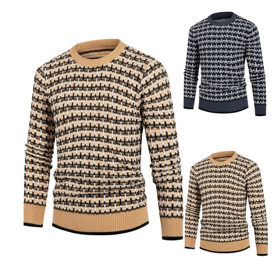 Solid Plaid Pullover Round Neck Sweater Top For Men