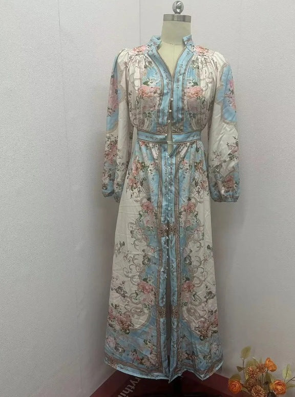 Tea Break French Style Vintage Fashion Print Elegant Long Sleeve Dress
