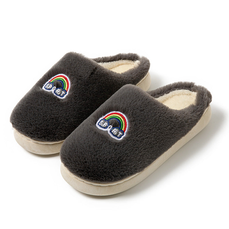 Kawaii Rainbow Embroidered Slippers Warm Slip On Plush Shoes Couple Indoor Home Slippers Winter