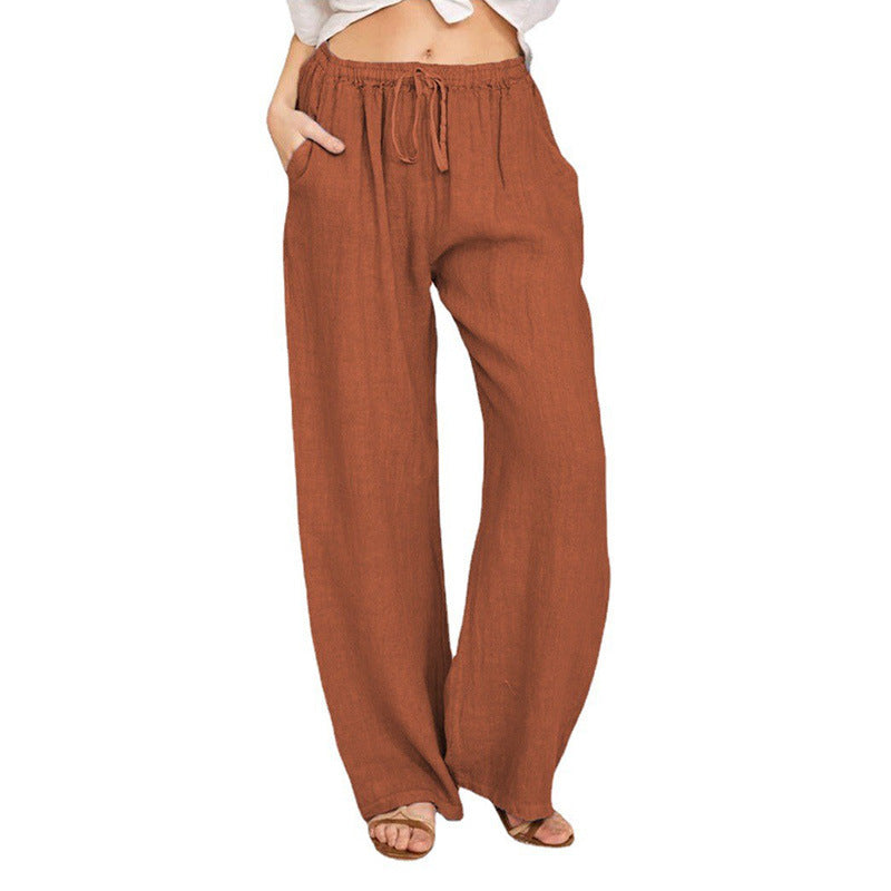 Soft Casual Drawstring Tie Trousers Summer Elastic Waist Loose Jogger Pants With Pockets