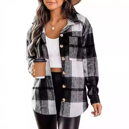 Fashionable Jacket Women's Brushed Woolen Jacket Plaid