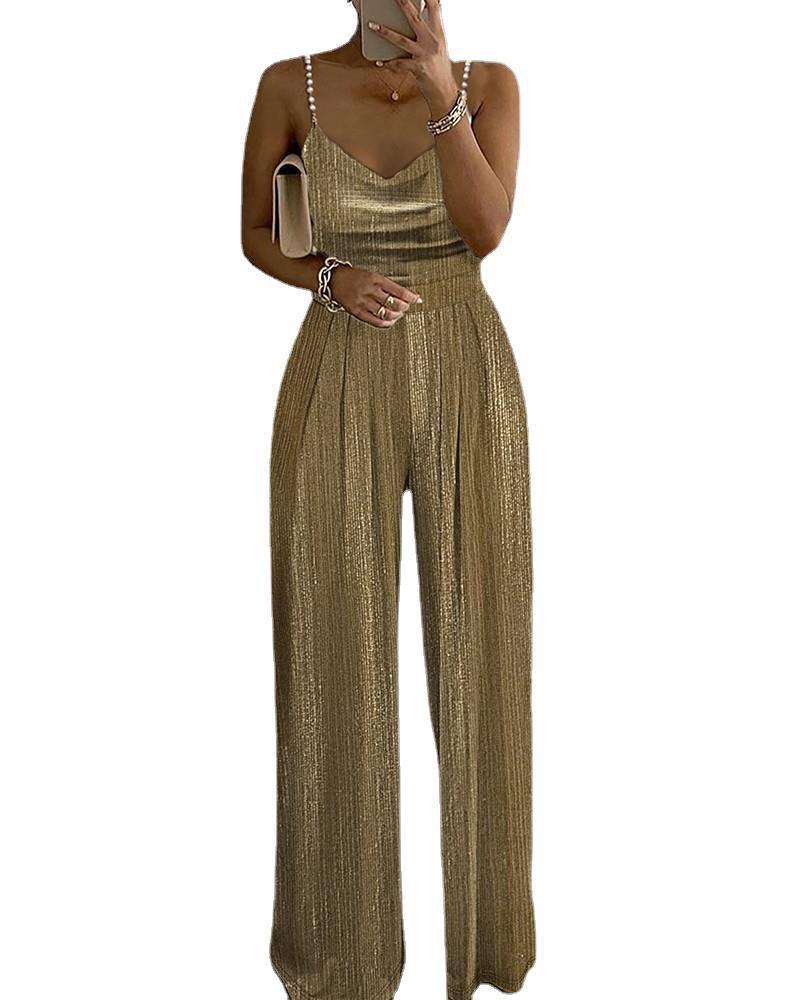 Off-the-shoulder Beaded Pleated Jumpsuit Women's Street