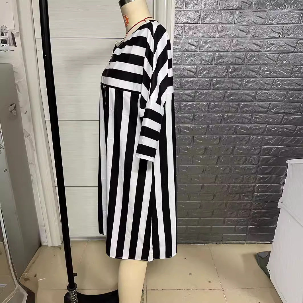 Striped Round Neck Loose Stitching Dress