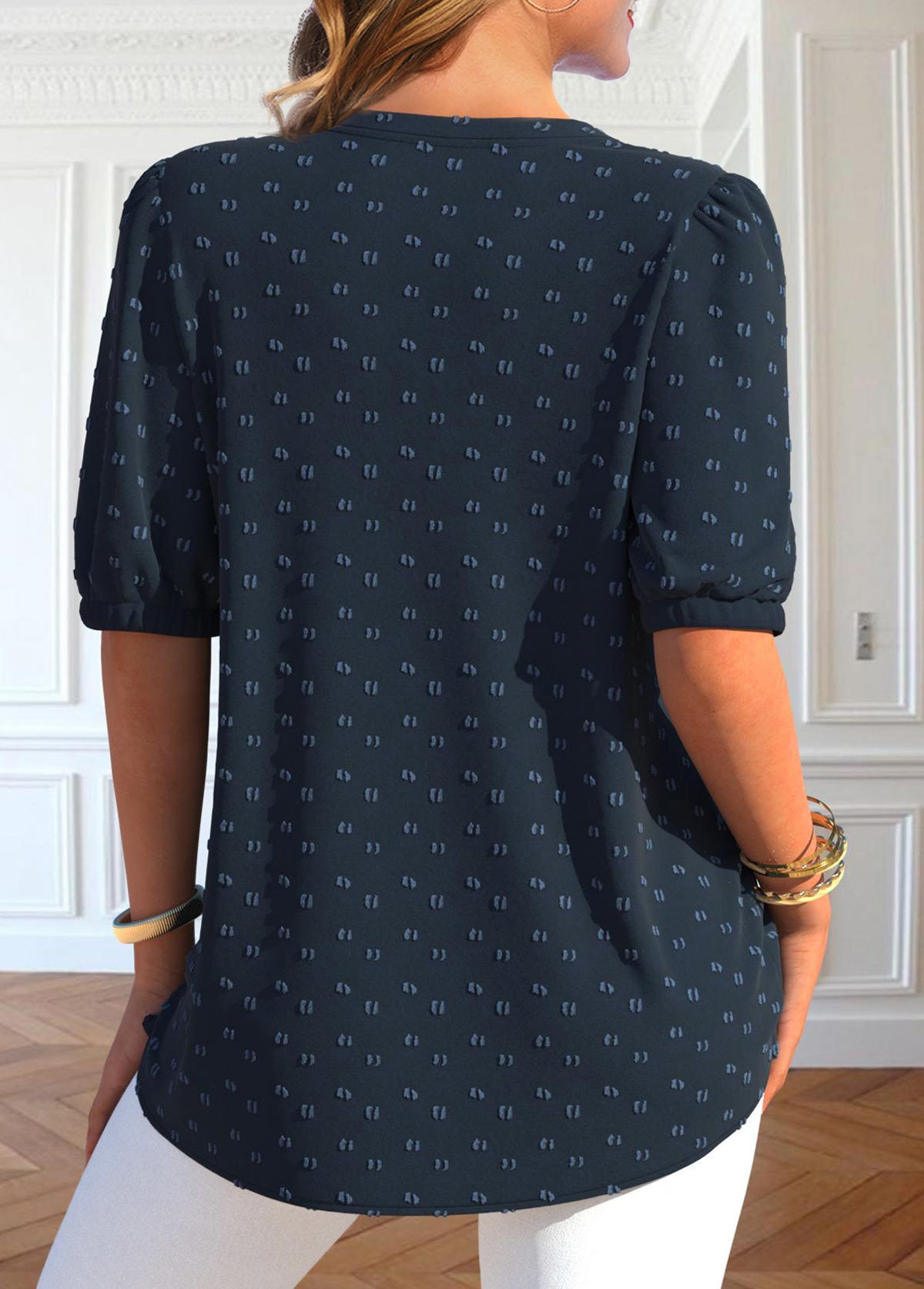 Plus Size Navy Blue Button Short Sleeve Shirt