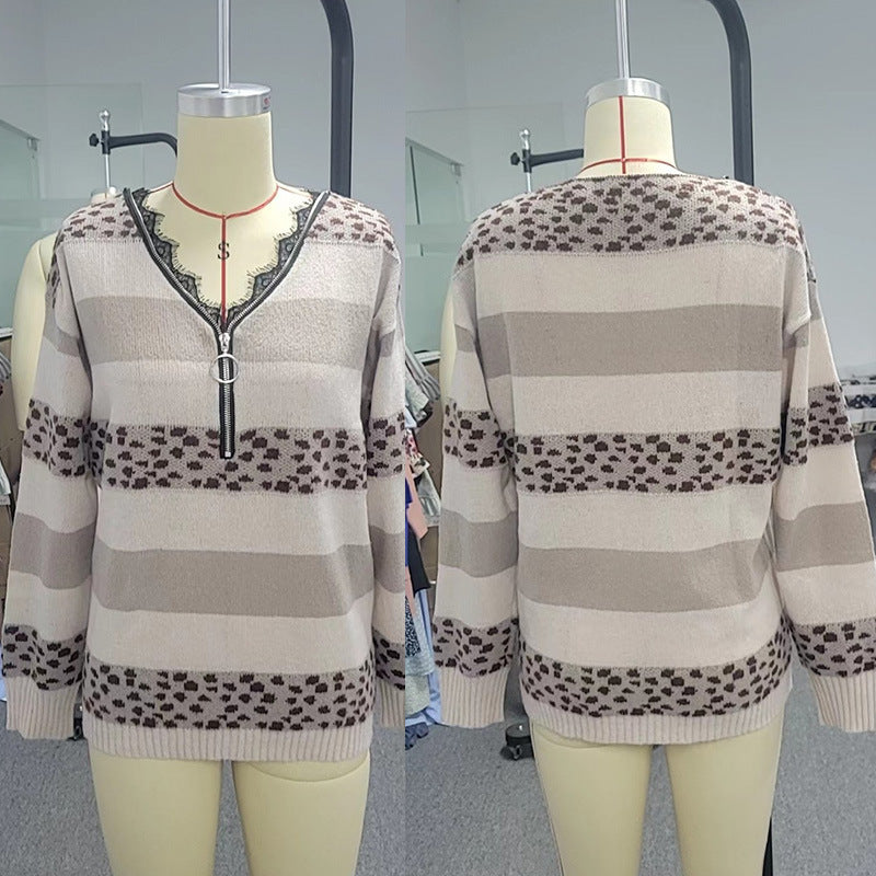 Autumn And Winter Stitching Striped Sweater Top