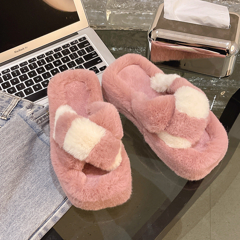 Cross-strap Fuzzy Slippers With 5cm Heel Shoes Women Fashion Winter Indoor Plush House Shoes