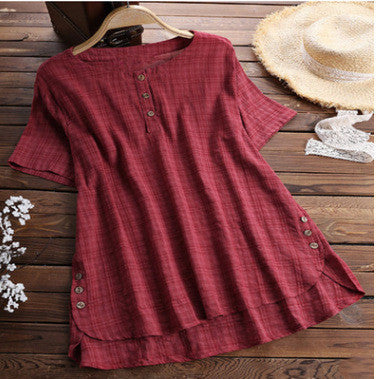 Women's Round Neck Irregular Hem Button Top